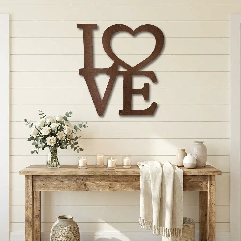 LOVE Metal Wall Art Sign with Heart – Romantic Steel Wall Decor – Wedding Anniversary Gift – Modern Farmhouse Decor