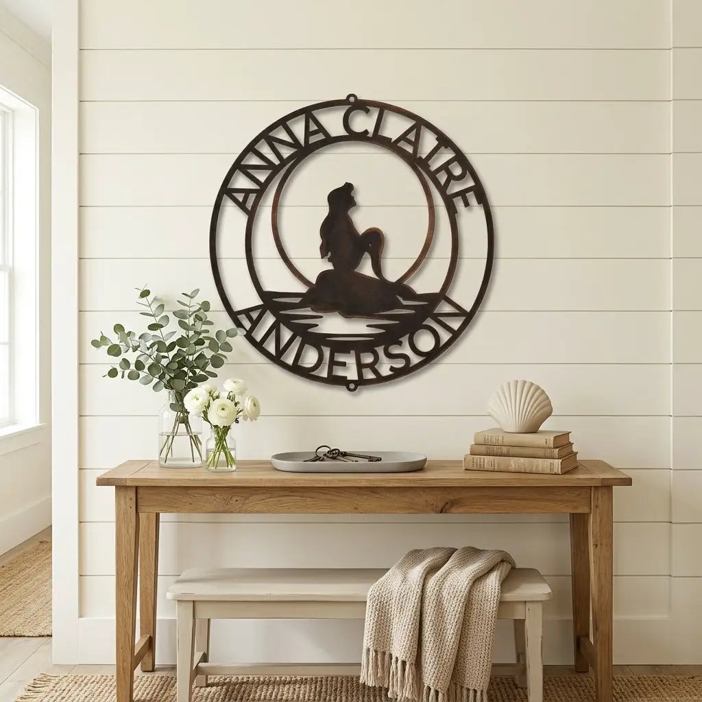 Personalized Mermaid Metal Wall Art Sign – Custom Name Steel Wall Decor for Girls Room – Ocean Themed Nursery and Bedroom Decor