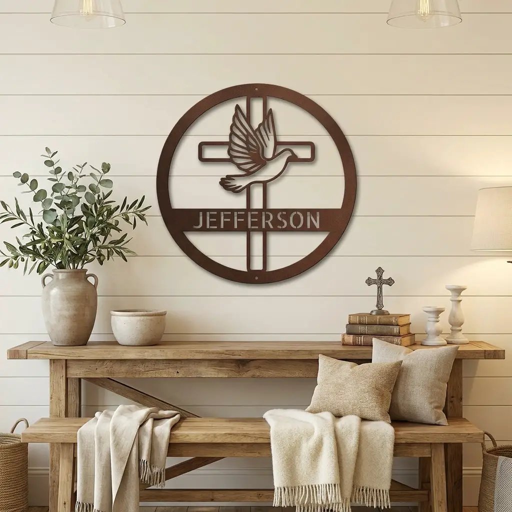 Personalized Cross & Dove Metal Wall Art – Custom Family Name Christian Steel Sign – Faith Based Farmhouse Wall Decor