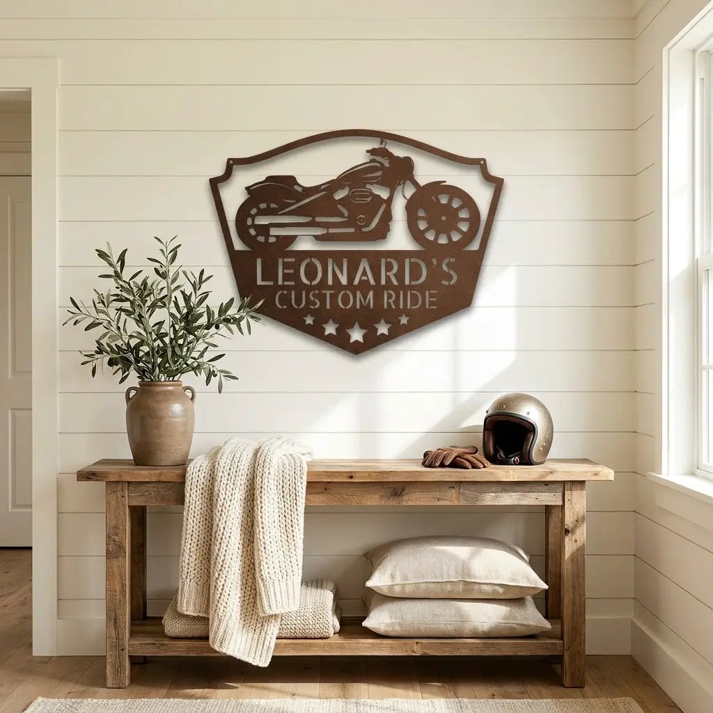 Chopper Motorcycle Shop Custom Name Monogram Indoor Outdoor Steel Wall Sign