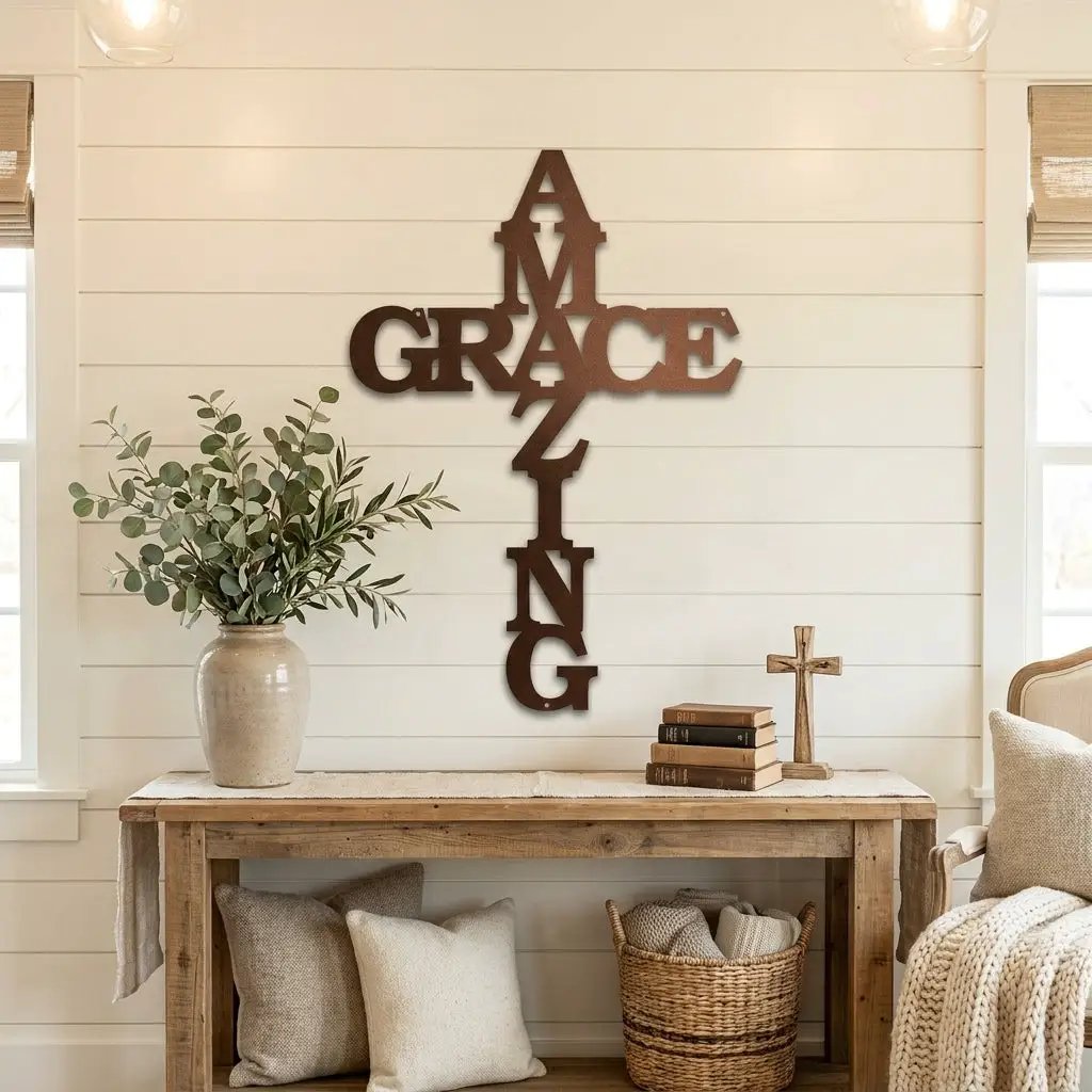 Amazing Grace Cross Steel Wall Art – Christian Metal Cross Sign – Inspirational Faith Decor – Laser Cut Religious Wall Art