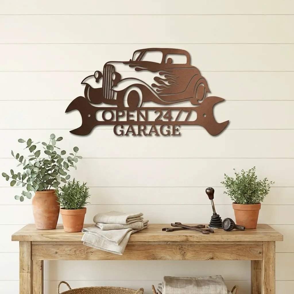 Personalized Hot Rod Metal Sign – Custom Garage Sign – Classic Car Wall Art – Gift for Dad
