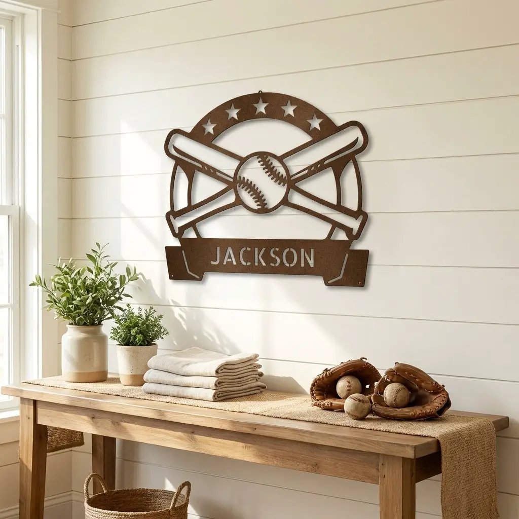 Personalized Baseball Metal Wall Art – Custom Name Baseball Sign – Baseball Bat & Ball Decor – Coach Gift – Sports Wall Art