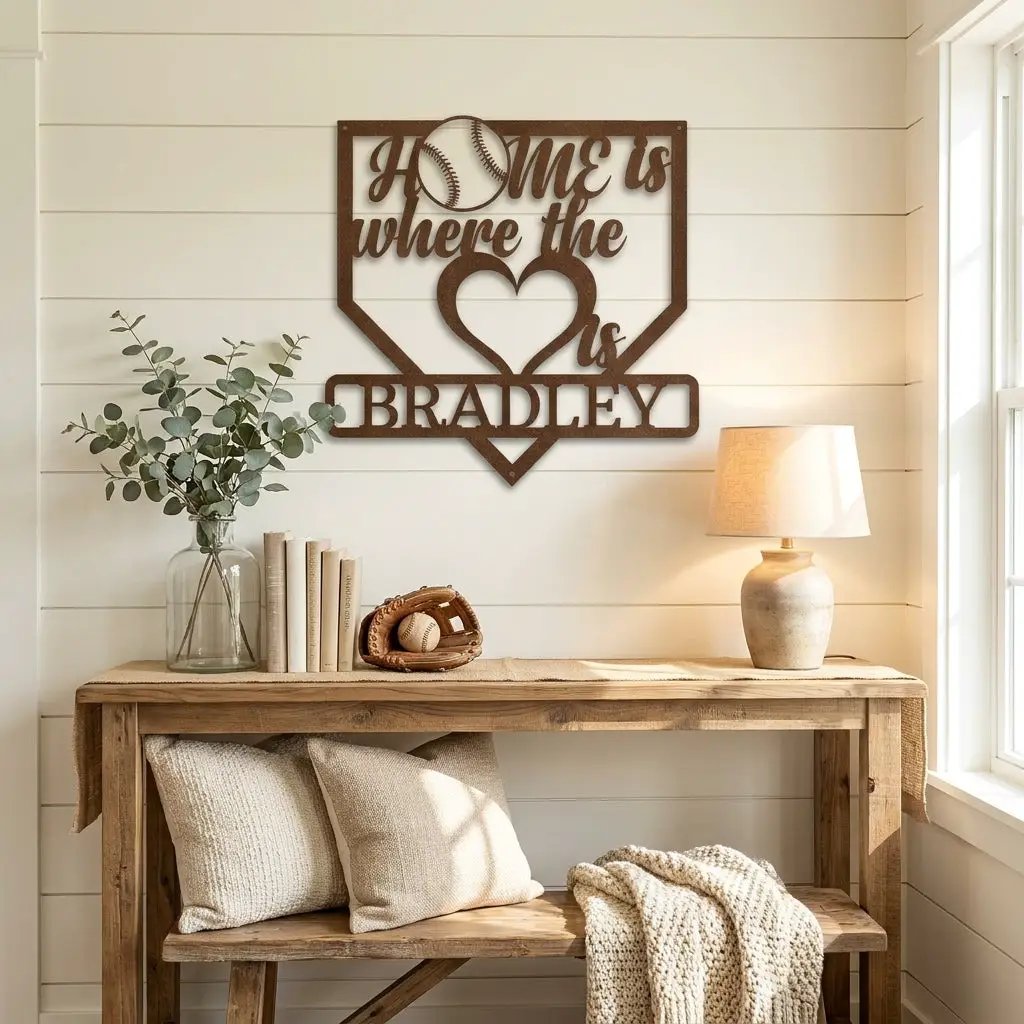 Personalized Baseball Home Plate Metal Wall Art | Custom Family Name Baseball Sign | Baseball Lover Home Decor