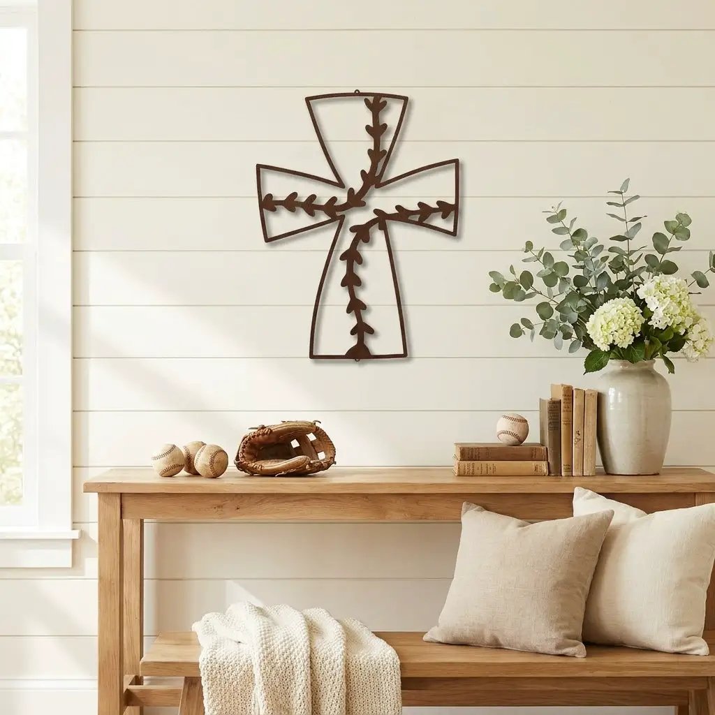 Faith Baseball Cross Metal Wall Art | Christian Baseball Decor | Baseball Stitch Cross Sign for Players & Fans