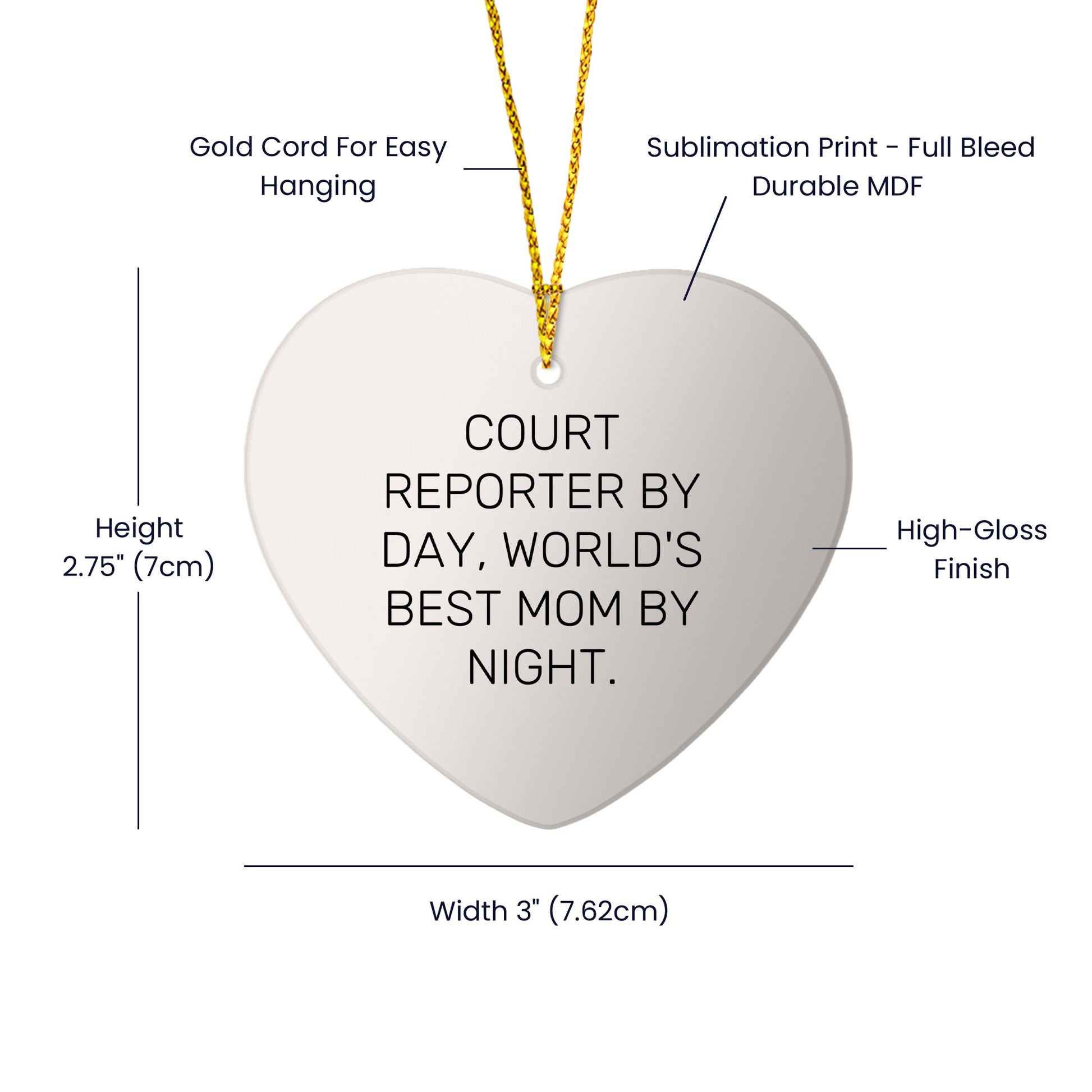 Court Reporter Gifts, Funny Heart Ornament, 'Court Reporter By Day, World's Best Mom By Night.' Christmas Unique Gifts from Family for Court Reporters