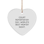 Court Reporter Gifts, Funny Heart Ornament, 'Court Reporter By Day, World's Best Mom By Night.' Christmas Unique Gifts from Family for Court Reporters