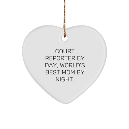 Court Reporter Gifts, Funny Heart Ornament, 'Court Reporter By Day, World's Best Mom By Night.' Christmas Unique Gifts from Family for Court Reporters