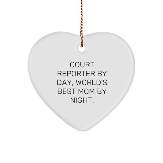 Court Reporter Gifts, Funny Heart Ornament, 'Court Reporter By Day, World's Best Mom By Night.' Christmas Unique Gifts from Family for Court Reporters
