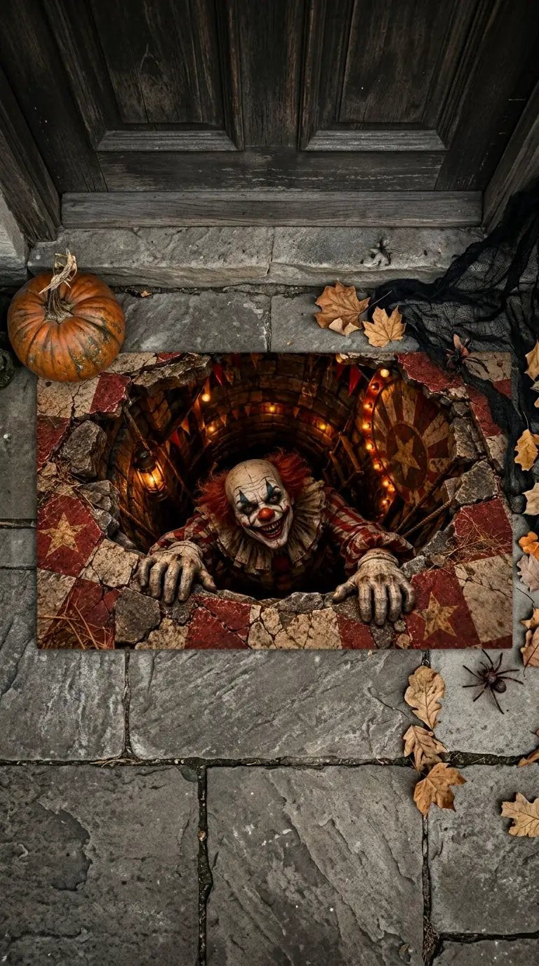 Creepy Clown Halloween Doormat,3D Scary Clown Optical Illusion Mat, Haunted Circus Door Mat, Horror Halloween Porch Decor