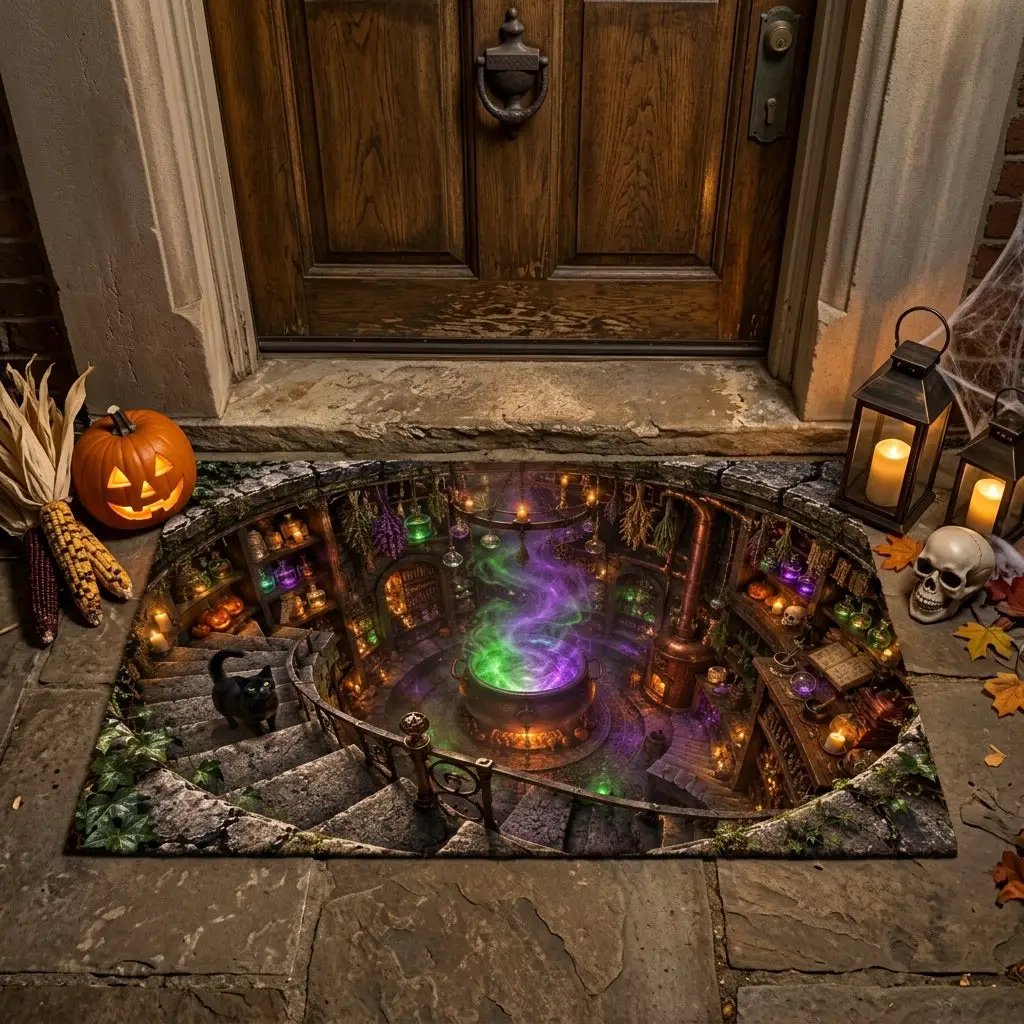 Witch Cauldron Halloween Doormat, 3D Witch Stairwell Illusion Door Mat, Black Cat Spooky Welcome Mat, Witchy Halloween Decor