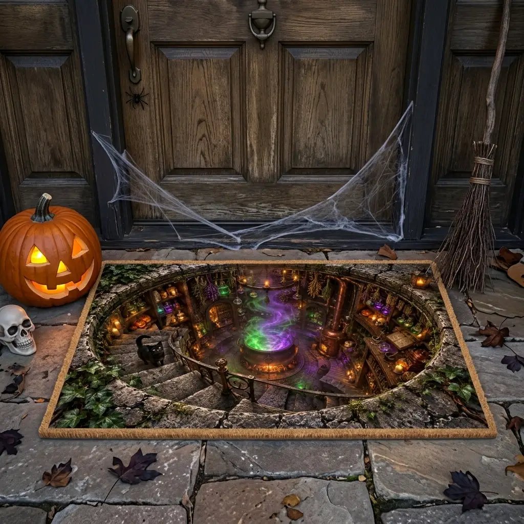Witch Cauldron Halloween Doormat, 3D Witch Stairwell Illusion Door Mat, Black Cat Spooky Welcome Mat, Witchy Halloween Decor