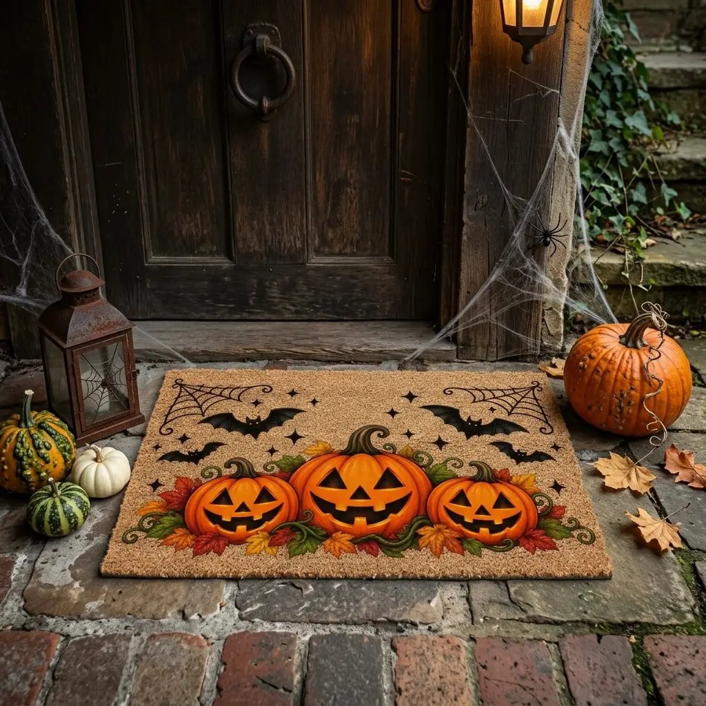 Halloween Pumpkin Doormat, Jack O Lantern Coir Welcome Mat, Fall Front Porch Decor, Spooky Bat Door Mat, Autumn Halloween Entryway
