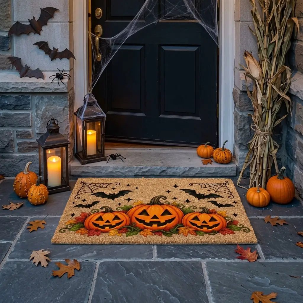 Halloween Pumpkin Doormat, Jack O Lantern Coir Welcome Mat, Fall Front Porch Decor, Spooky Bat Door Mat, Autumn Halloween Entryway