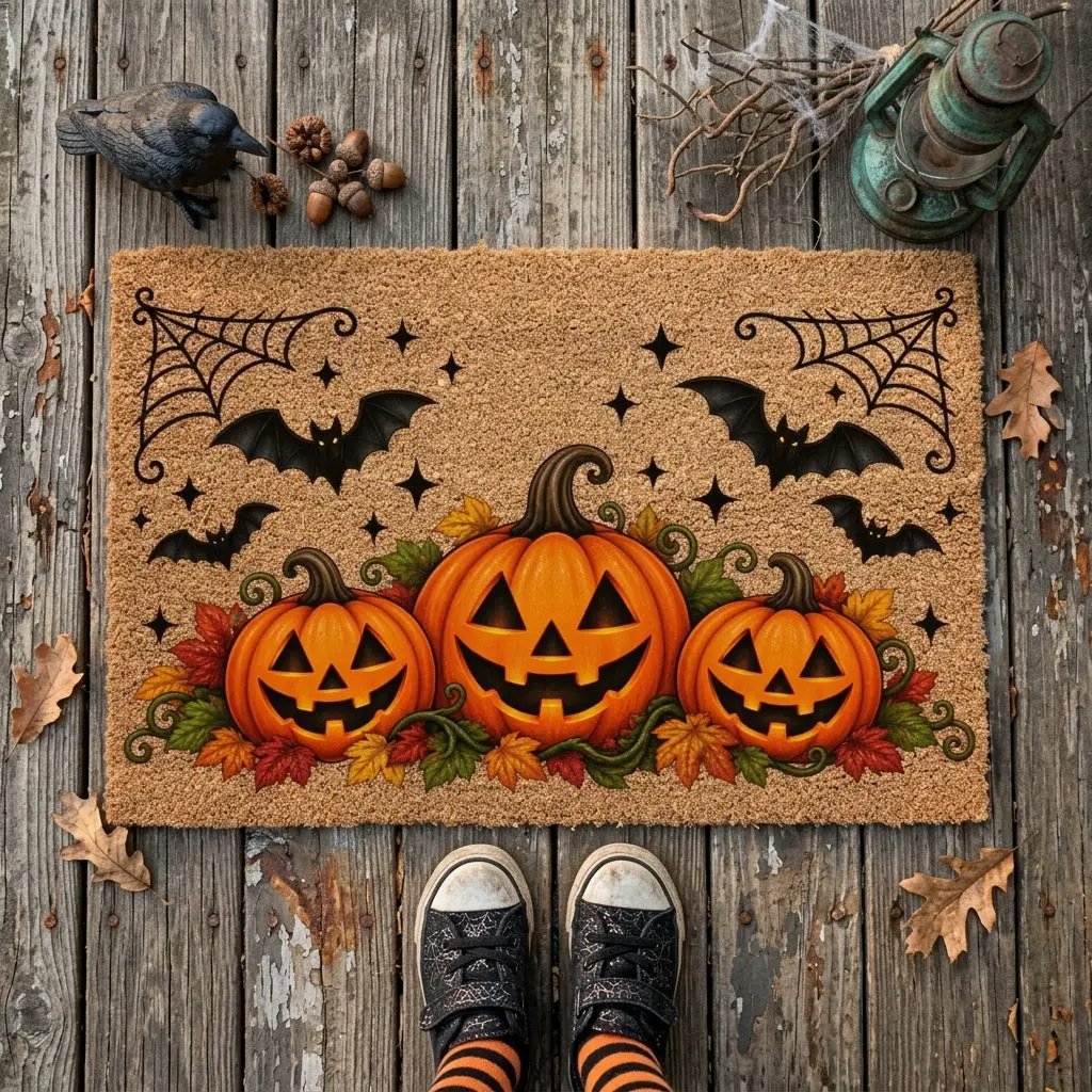 Halloween Pumpkin Doormat, Jack O Lantern Coir Welcome Mat, Fall Front Porch Decor, Spooky Bat Door Mat, Autumn Halloween Entryway