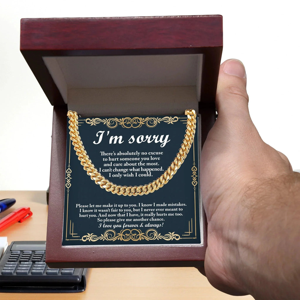 Apology Gift “I’m Sorry” Cuban Link Chain Men’s Necklace with Message Card | Forgiveness Jewelry for Boyfriend or Husband