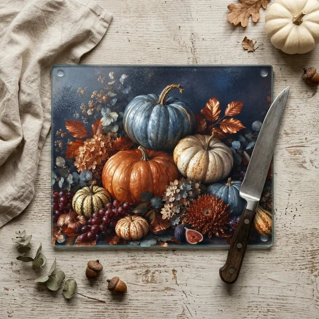 Blue Pumpkin Glass Cutting Board, Elegant Fall Kitchen Decor, Autumn Harvest Cutting Board, Thanksgiving Kitchen Gift