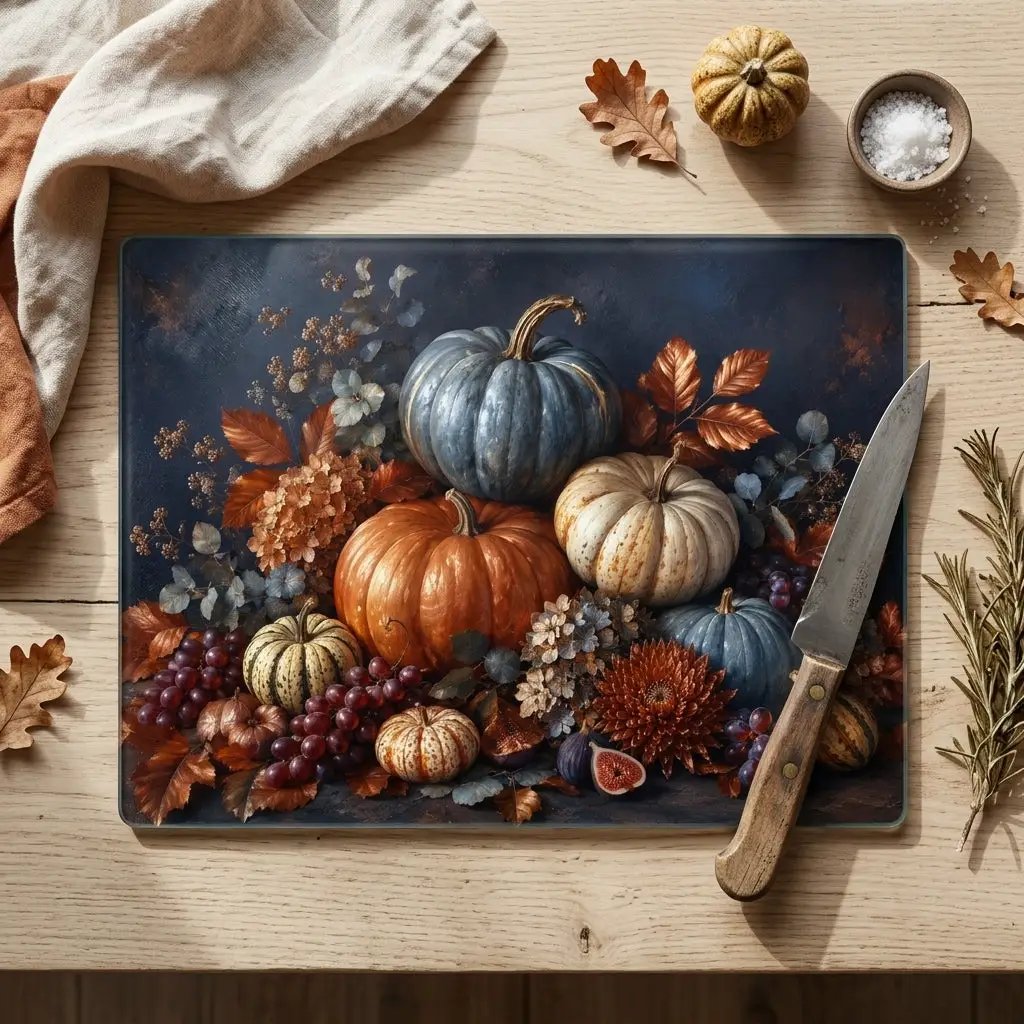 Blue Pumpkin Glass Cutting Board, Elegant Fall Kitchen Decor, Autumn Harvest Cutting Board, Thanksgiving Kitchen Gift