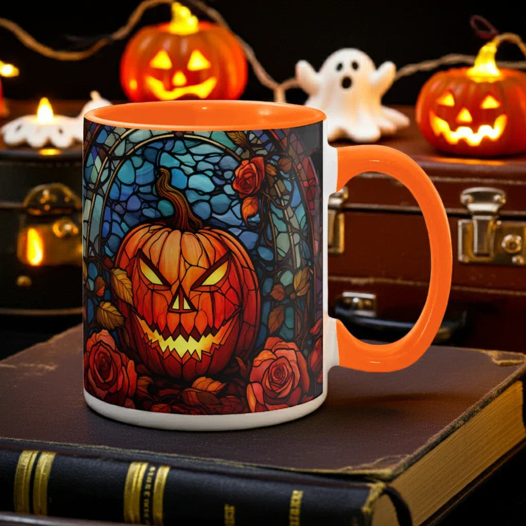 Stained Glass Pumpkin Halloween Ceramic Two Toned Accent Color Mug – Vibrant Jack-O'-Lantern Coffee Cup