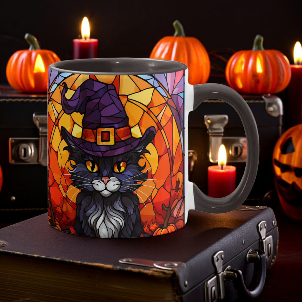 Halloween Black Cat Witch Stained Glass Ceramic Two-tone Mug – Spooky Fall Coffee Cup for Cat Lovers
