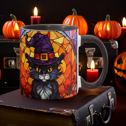 Halloween Black Cat Witch Stained Glass Ceramic Two-tone Mug – Spooky Fall Coffee Cup for Cat Lovers