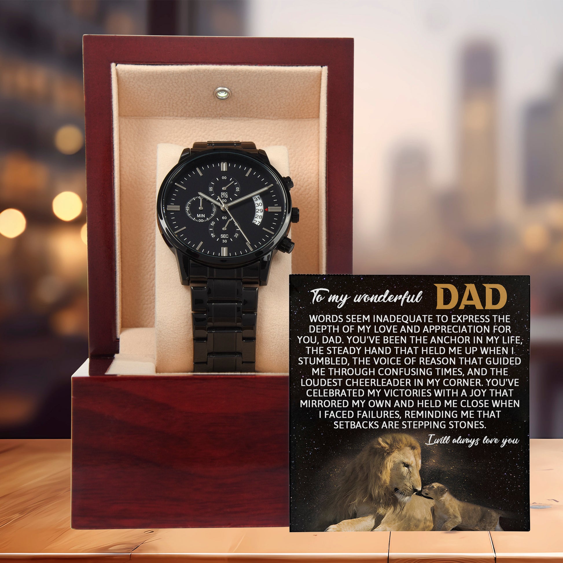 Dad Anchor Life Black Chronograph Watch with Heartfelt Message Card – Luxury Stainless Steel Men's Timepiece, Water Resistant, Scratch Proof, Gift Boxed, Father's Day Gift, Birthday Gift for Dad from Son or Daughter - Mallard Moon Gift Shop