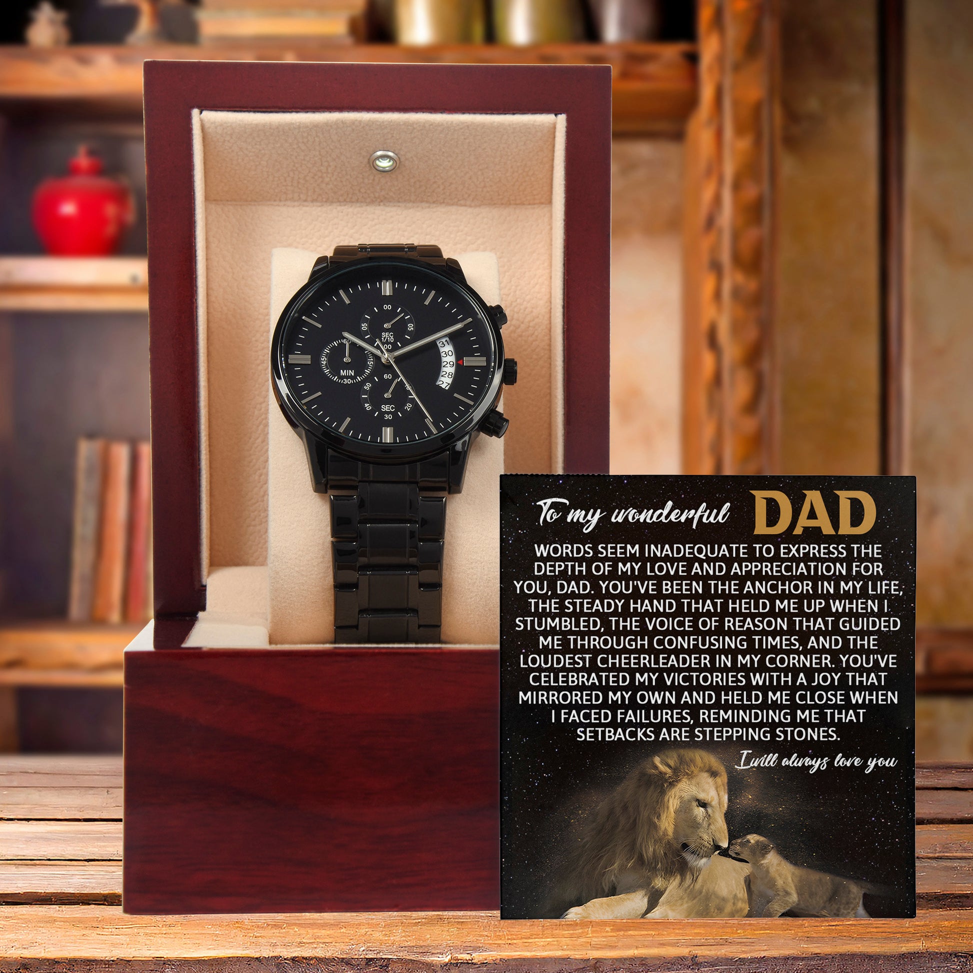 Dad Anchor Life Black Chronograph Watch with Heartfelt Message Card – Luxury Stainless Steel Men's Timepiece, Water Resistant, Scratch Proof, Gift Boxed, Father's Day Gift, Birthday Gift for Dad from Son or Daughter - Mallard Moon Gift Shop