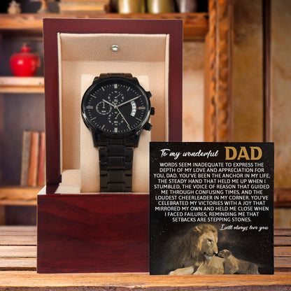 Dad Anchor Life Black Chronograph Watch with Heartfelt Message Card – Luxury Stainless Steel Men's Timepiece, Water Resistant, Scratch Proof, Gift Boxed, Father's Day Gift, Birthday Gift for Dad from Son or Daughter - Mallard Moon Gift Shop