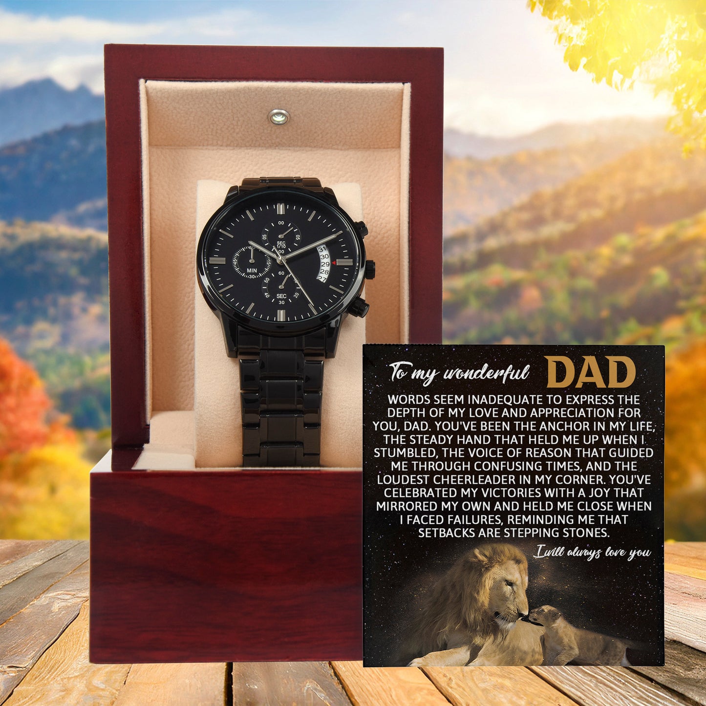 Dad Anchor Life Black Chronograph Watch with Heartfelt Message Card – Luxury Stainless Steel Men's Timepiece, Water Resistant, Scratch Proof, Gift Boxed, Father's Day Gift, Birthday Gift for Dad from Son or Daughter - Mallard Moon Gift Shop
