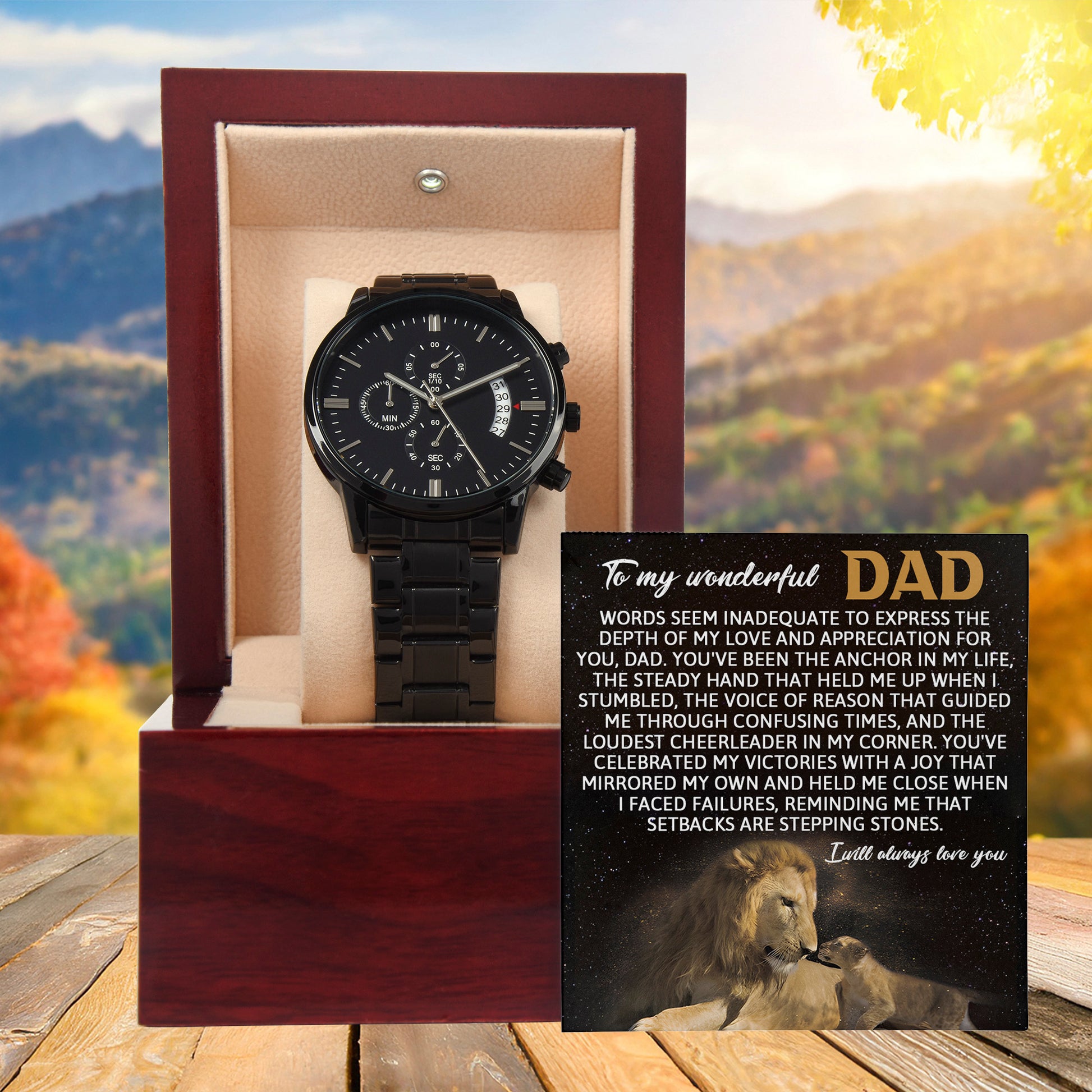 Dad Anchor Life Black Chronograph Watch with Heartfelt Message Card – Luxury Stainless Steel Men's Timepiece, Water Resistant, Scratch Proof, Gift Boxed, Father's Day Gift, Birthday Gift for Dad from Son or Daughter - Mallard Moon Gift Shop