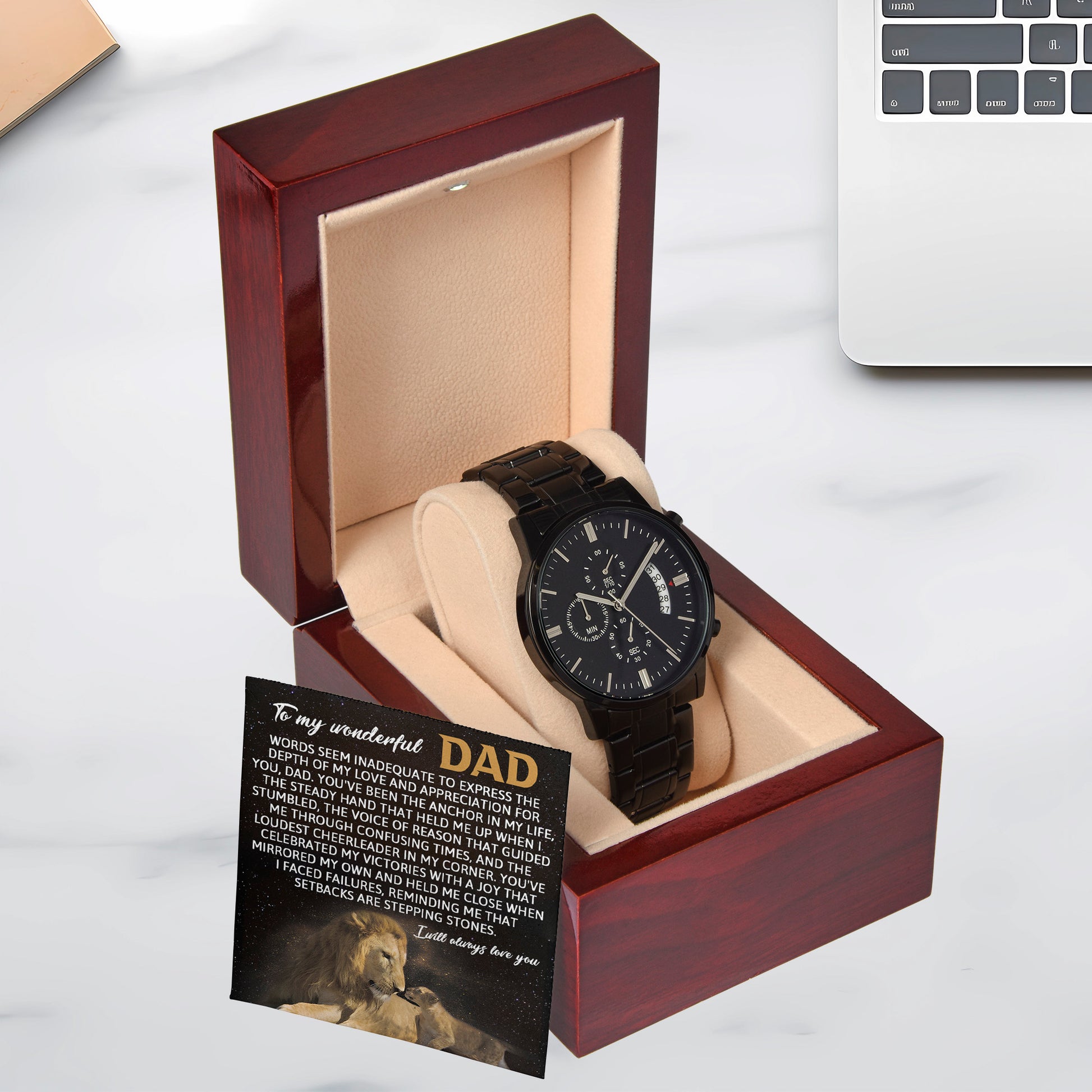 Dad Anchor Life Black Chronograph Watch with Heartfelt Message Card – Luxury Stainless Steel Men's Timepiece, Water Resistant, Scratch Proof, Gift Boxed, Father's Day Gift, Birthday Gift for Dad from Son or Daughter - Mallard Moon Gift Shop