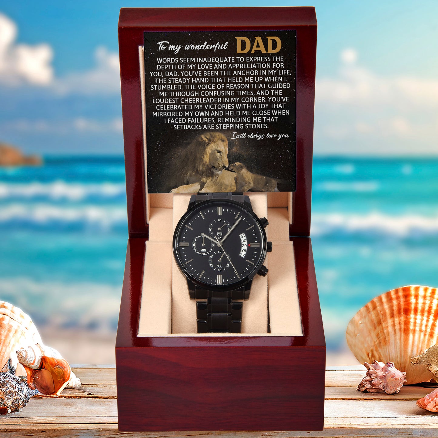 Dad Anchor Life Black Chronograph Watch with Heartfelt Message Card – Luxury Stainless Steel Men's Timepiece, Water Resistant, Scratch Proof, Gift Boxed, Father's Day Gift, Birthday Gift for Dad from Son or Daughter - Mallard Moon Gift Shop