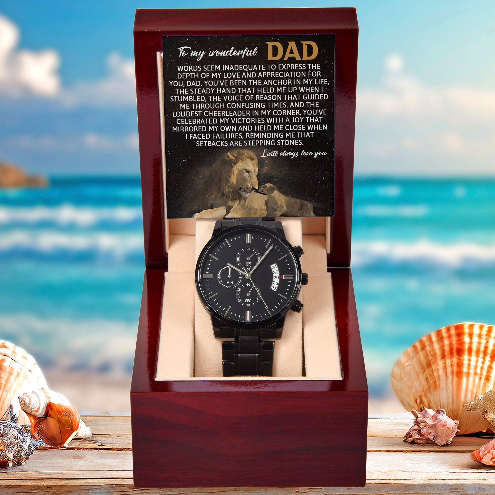 Dad Anchor Life Black Chronograph Watch with Heartfelt Message Card – Luxury Stainless Steel Men's Timepiece, Water Resistant, Scratch Proof, Gift Boxed, Father's Day Gift, Birthday Gift for Dad from Son or Daughter - Mallard Moon Gift Shop