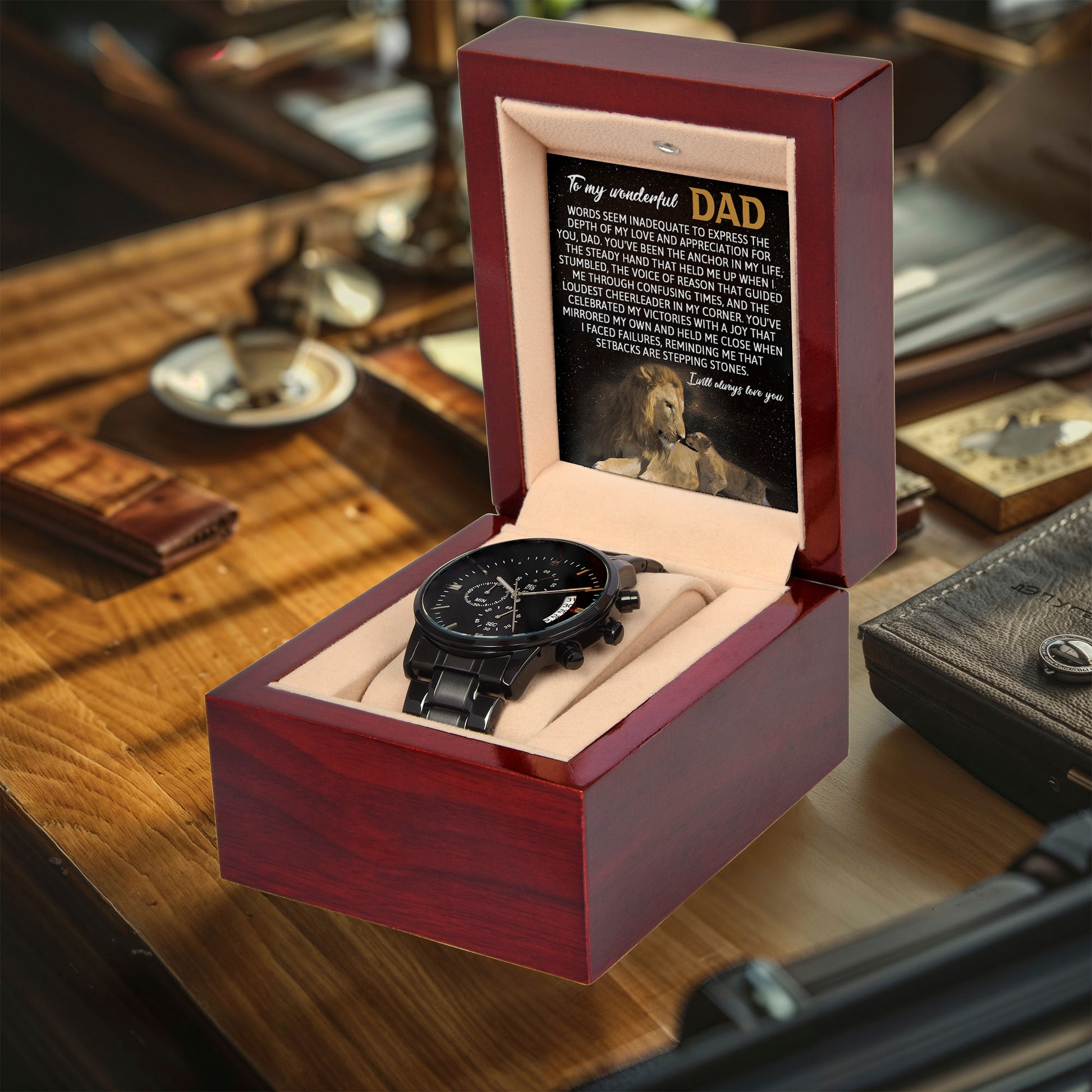 Dad Anchor Life Black Chronograph Watch with Heartfelt Message Card – Luxury Stainless Steel Men's Timepiece, Water Resistant, Scratch Proof, Gift Boxed, Father's Day Gift, Birthday Gift for Dad from Son or Daughter - Mallard Moon Gift Shop