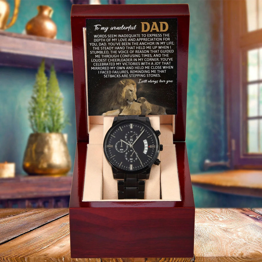 Dad Anchor Life Black Chronograph Watch with Heartfelt Message Card – Luxury Stainless Steel Men's Timepiece, Water Resistant, Scratch Proof, Gift Boxed, Father's Day Gift, Birthday Gift for Dad from Son or Daughter