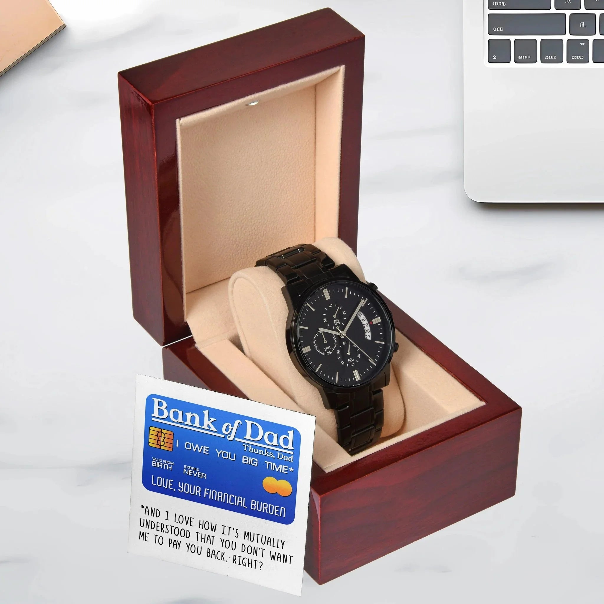Bank of Dad Funny Father's Day Gift – I Owe You Big Time Credit Card Message – Black Chronograph Watch from Your Favorite Financial Burden