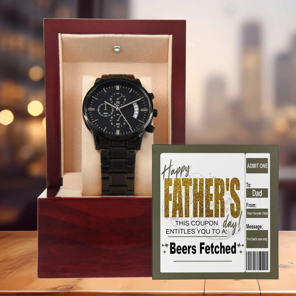 Beers Fetched Dad Coupon Father's Day Gift – Funny Metal Chronograph Watch for Dad from Favorite Child – “Happy Father’s Day” Coupon Message Card – Gag Gift with Sentimental Touch
