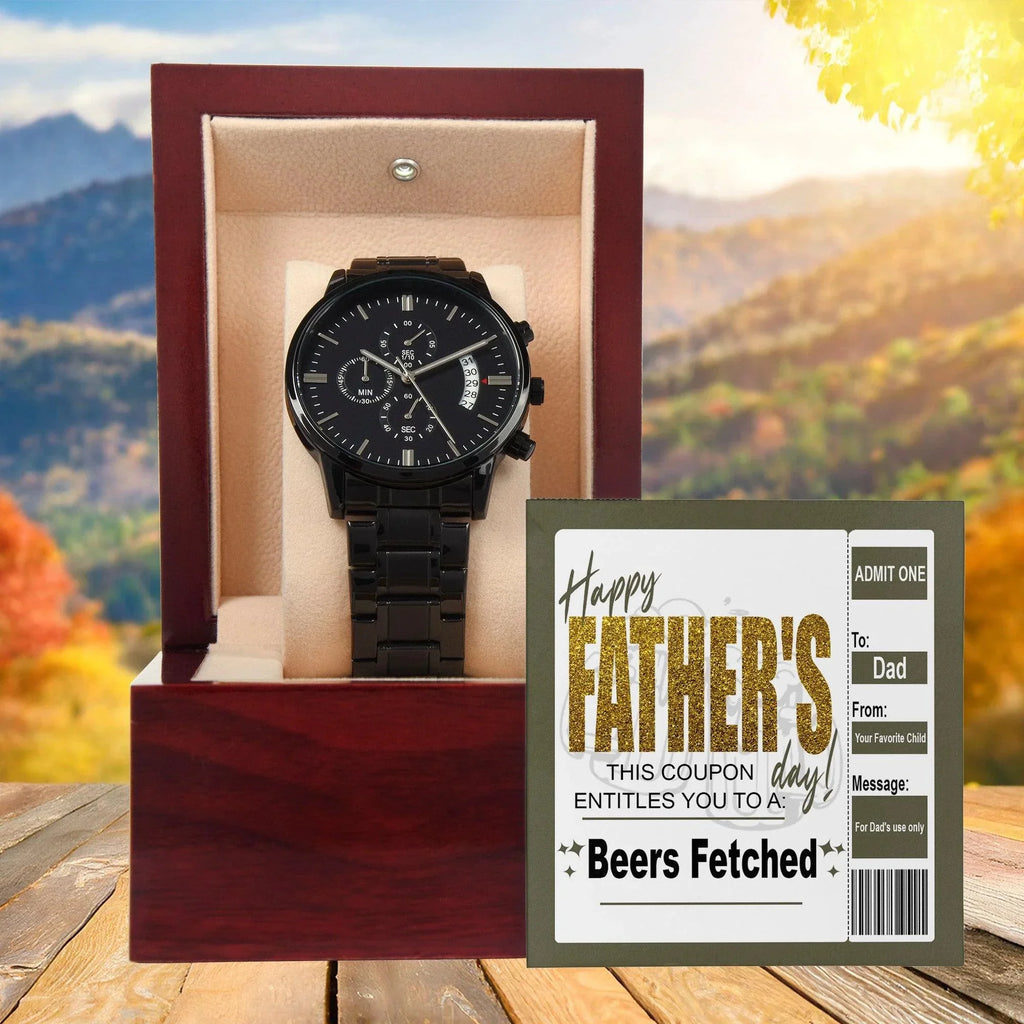Beers Fetched Dad Coupon Father's Day Gift – Funny Metal Chronograph Watch for Dad from Favorite Child – “Happy Father’s Day” Coupon Message Card – Gag Gift with Sentimental Touch