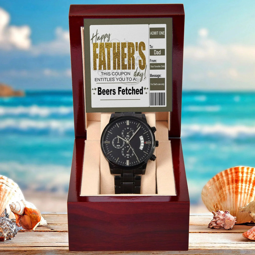 Beers Fetched Dad Coupon Father's Day Gift – Funny Metal Chronograph Watch for Dad from Favorite Child – “Happy Father’s Day” Coupon Message Card – Gag Gift with Sentimental Touch