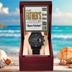 Beers Fetched Dad Coupon Father's Day Gift – Funny Metal Chronograph Watch for Dad from Favorite Child – “Happy Father’s Day” Coupon Message Card – Gag Gift with Sentimental Touch