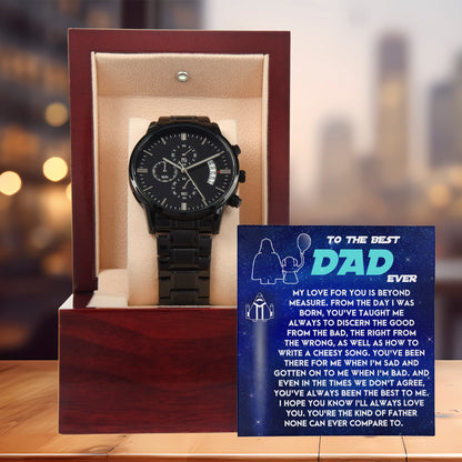 To the Best Dad Ever Black Chronograph Watch Gift – Meaningful Father's Day Gift from Son or Daughter, Thoughtful Dad Appreciation Keepsake, Water-Resistant Stainless Steel Watch with Sentimental Message Card - Mallard Moon Gift Shop