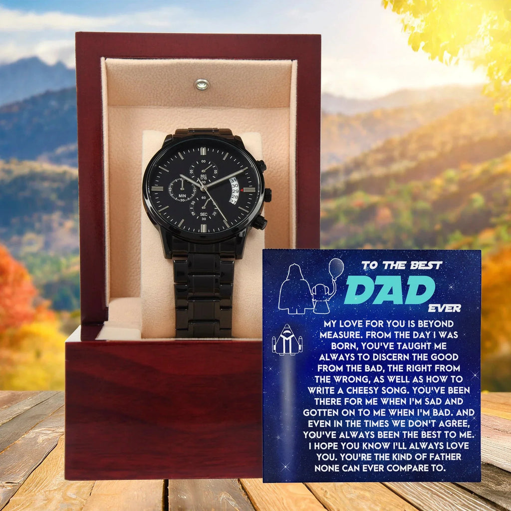 To the Best Dad Ever Black Chronograph Watch Gift – Meaningful Father's Day Gift from Son or Daughter, Thoughtful Dad Appreciation Keepsake, Water-Resistant Stainless Steel Watch with Sentimental Message Card