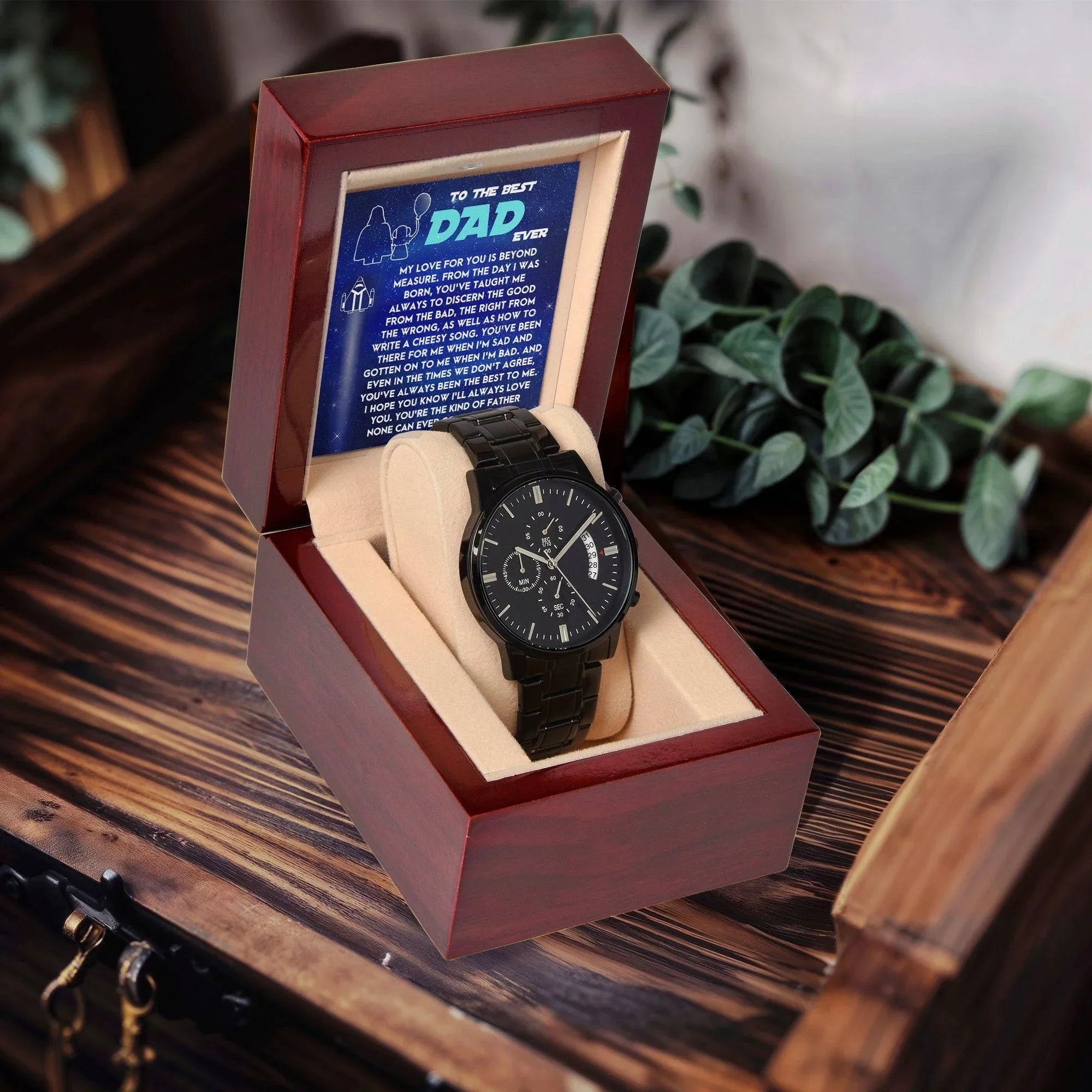 To the Best Dad Ever Black Chronograph Watch Gift – Meaningful Father's Day Gift from Son or Daughter, Thoughtful Dad Appreciation Keepsake, Water-Resistant Stainless Steel Watch with Sentimental Message Card