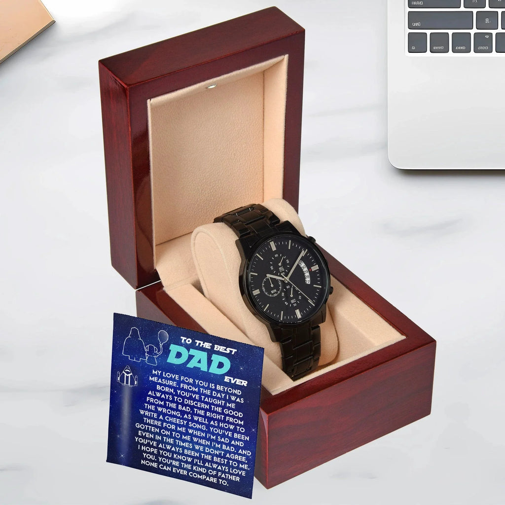 To the Best Dad Ever Black Chronograph Watch Gift – Meaningful Father's Day Gift from Son or Daughter, Thoughtful Dad Appreciation Keepsake, Water-Resistant Stainless Steel Watch with Sentimental Message Card