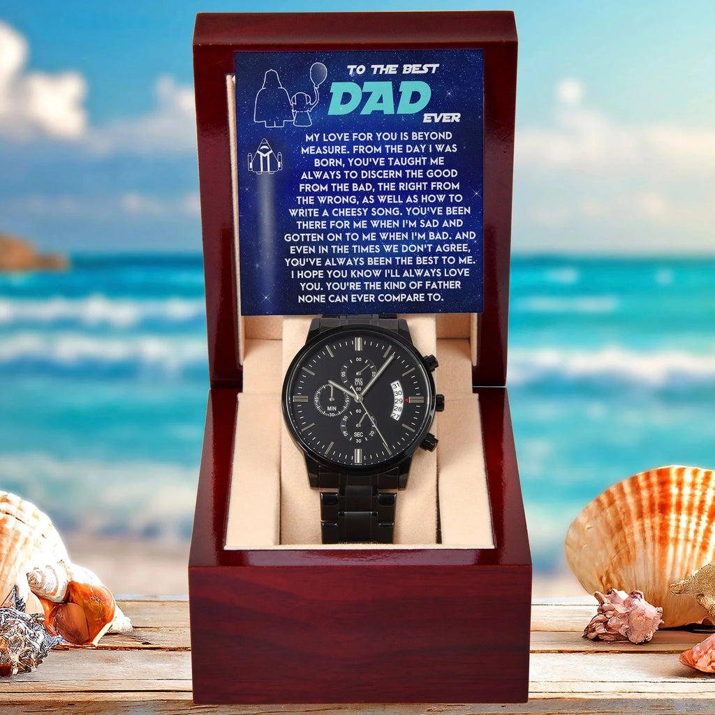 To the Best Dad Ever Black Chronograph Watch Gift – Meaningful Father's Day Gift from Son or Daughter, Thoughtful Dad Appreciation Keepsake, Water-Resistant Stainless Steel Watch with Sentimental Message Card