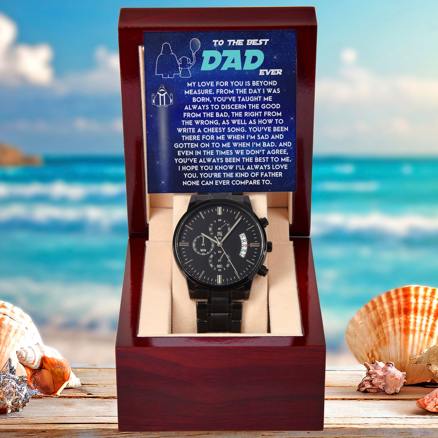 To the Best Dad Ever Black Chronograph Watch Gift – Meaningful Father's Day Gift from Son or Daughter, Thoughtful Dad Appreciation Keepsake, Water-Resistant Stainless Steel Watch with Sentimental Message Card - Mallard Moon Gift Shop