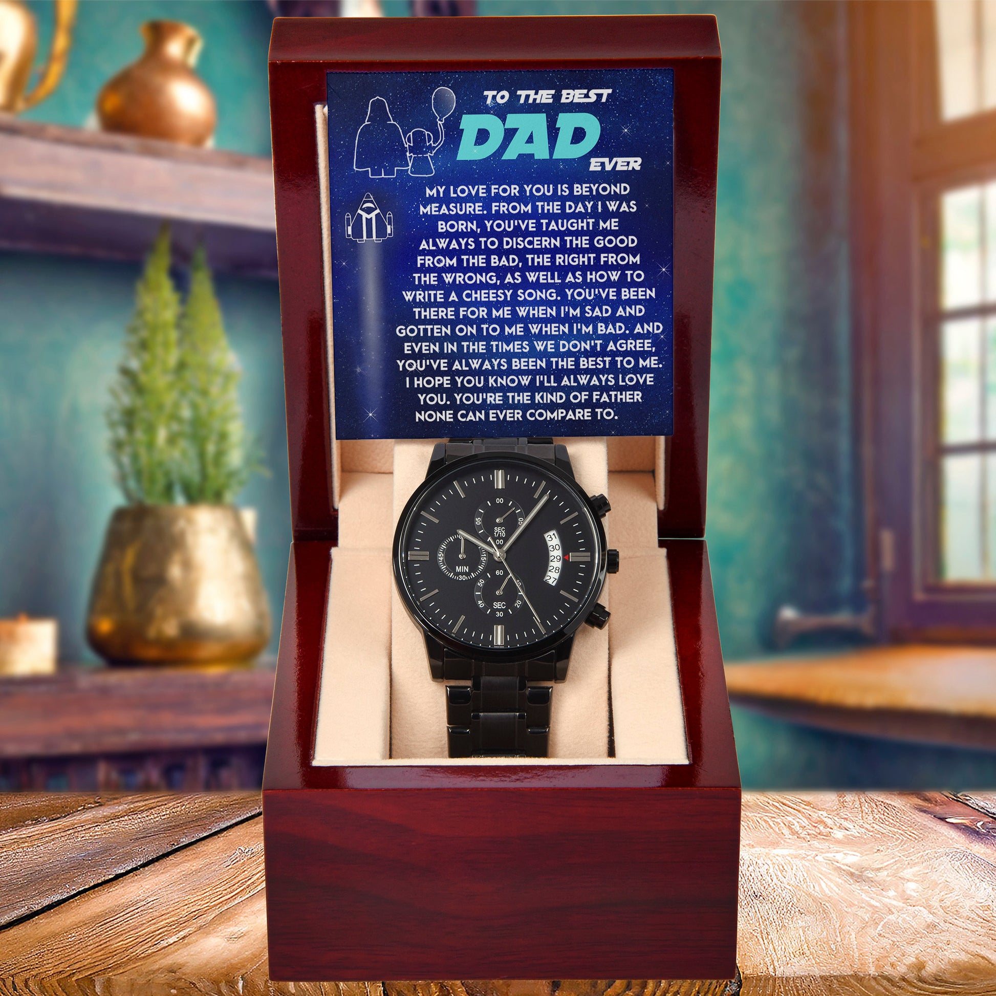 To the Best Dad Ever Black Chronograph Watch Gift – Meaningful Father's Day Gift from Son or Daughter, Thoughtful Dad Appreciation Keepsake, Water-Resistant Stainless Steel Watch with Sentimental Message Card - Mallard Moon Gift Shop