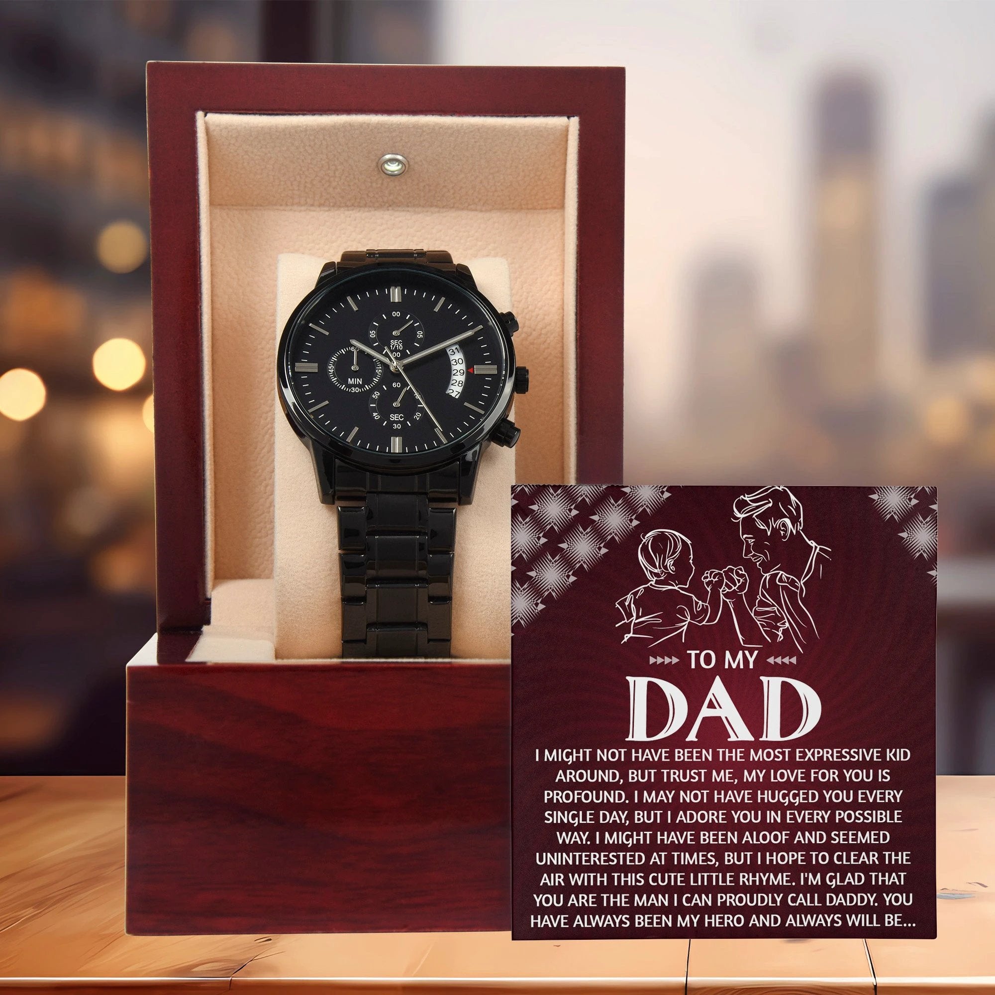 To My Dad Chronograph Watch - Heartfelt Expressive Love Message Card Gift for Dad from Child - Stylish Black Stainless-Steel Timepiece - Father's Day, Birthday, Christmas Keepsake for Dad