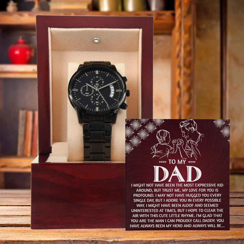 To My Dad Chronograph Watch - Heartfelt Expressive Love Message Card Gift for Dad from Child - Stylish Black Stainless-Steel Timepiece - Father's Day, Birthday, Christmas Keepsake for Dad