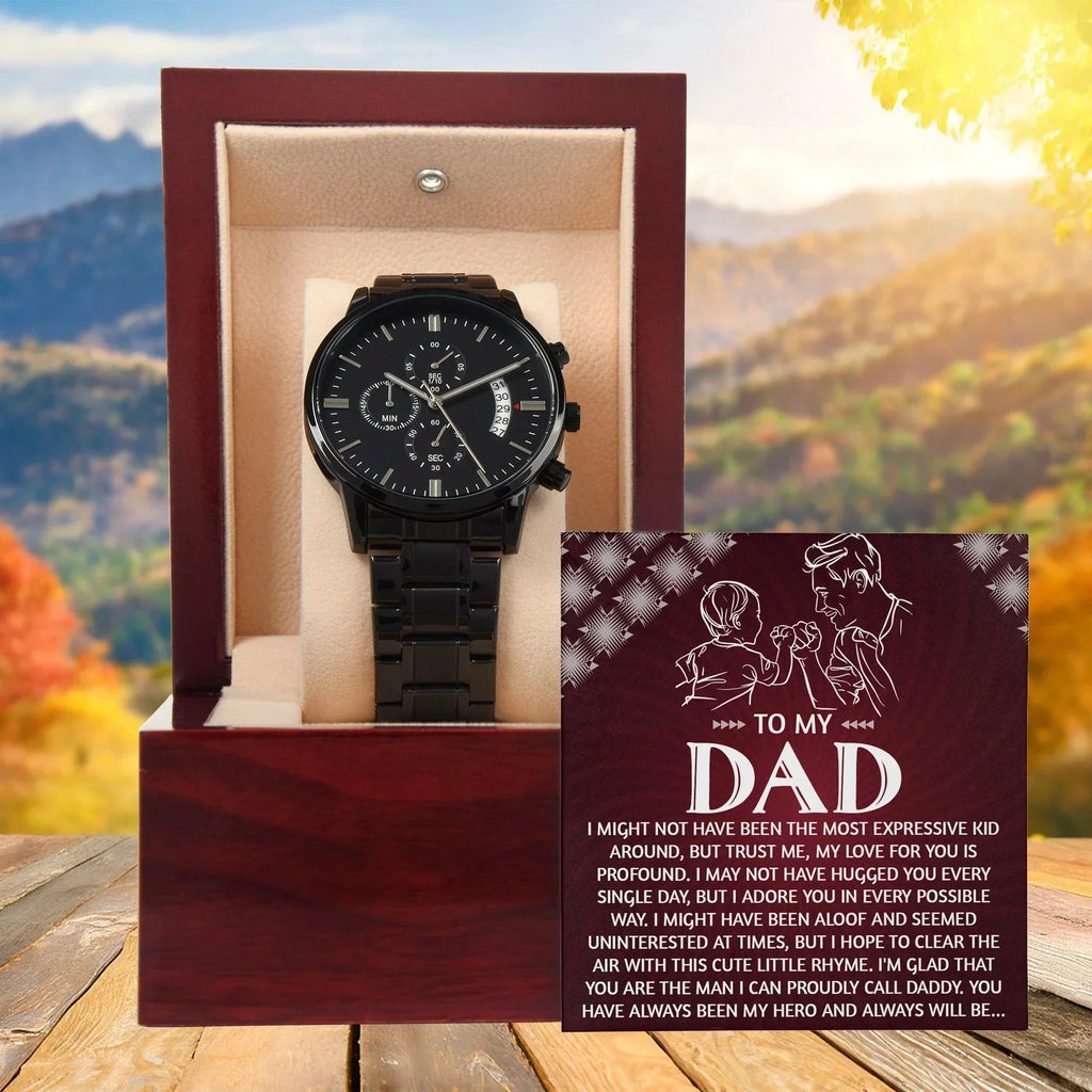 To My Dad Chronograph Watch - Heartfelt Expressive Love Message Card Gift for Dad from Child - Stylish Black Stainless-Steel Timepiece - Father's Day, Birthday, Christmas Keepsake for Dad